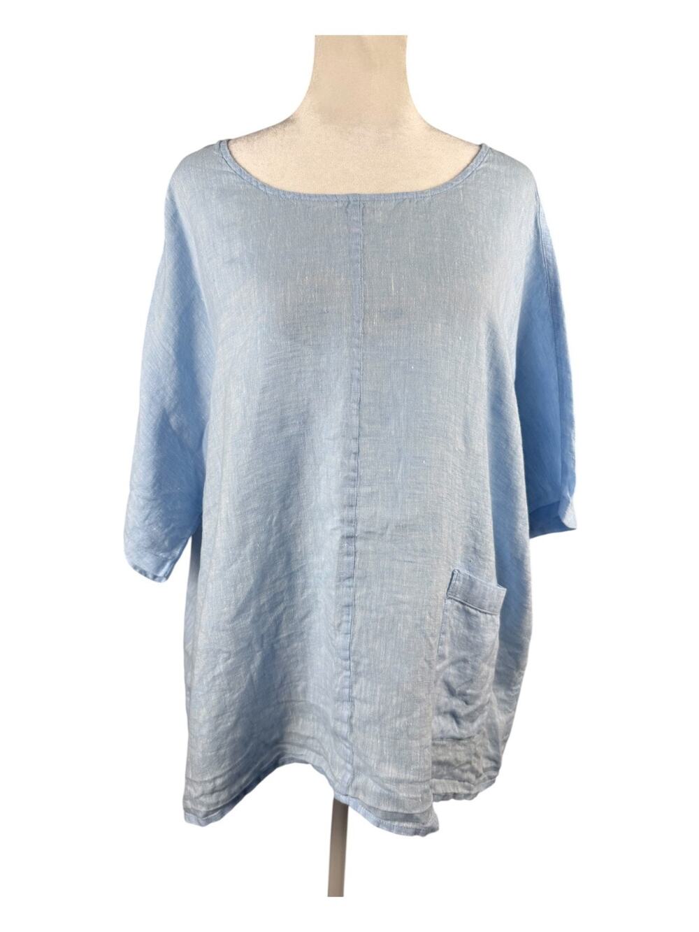 Pure J Jill XL 100% Linen Boxy Short Sleeve Top Blue Pocket Lagenlook Coastal